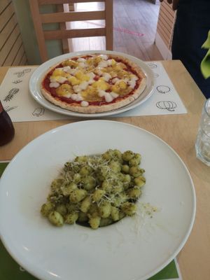 Pizza 4 formaggi and gnocchi at Universo Vegano in Florence