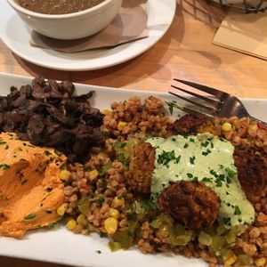 Farro w/falafel, mushrooms & roasted red pepper hummus at Nanoosh in New York City