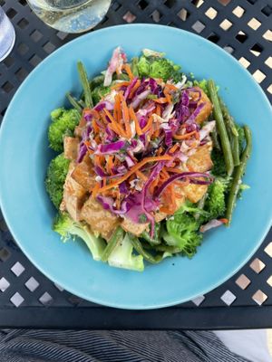 Vegan Thai bowl spicy peanut sauce. Yum at Laughing Planet Cafe in Bend