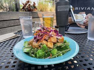 Thai bowl with adult beverages!  at Laughing Planet Cafe in Bend
