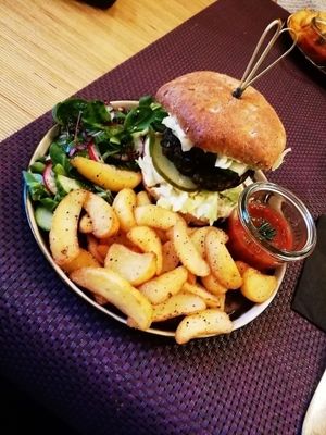 Portobello mushroom, broccoli and bean burger.  at Bhajan Cafe in Riga
