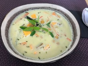 Curry, sweat potato, chickpea soup at Bhajan Cafe in Riga