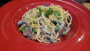 Spaghetti carbonara at Bhajan Cafe in Riga