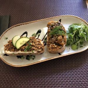 Bruchetta with salmon and Jack fruit😍 at Bhajan Cafe in Riga