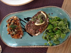 Carrot lox and vegan caviar. Very tasty! at Bhajan Cafe in Riga