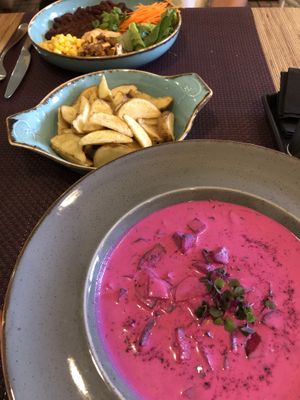 burrito bowl and cold beetroot soup at Bhajan Cafe in Riga