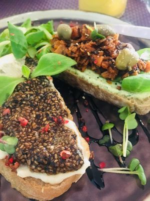 “Fish eggs” and “salmon” made from carrots 🥕  at Bhajan Cafe in Riga