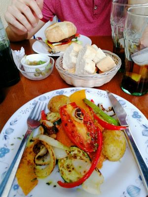 the grilled mixed vegetables and the lentil burger, both very good!  at El Paladar in Sevilla