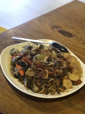 Vegan northern Thai sausage, spicy eggplants, shiitake mock meat and rice at Im Jai - Veg Food Stall in Chiang Mai