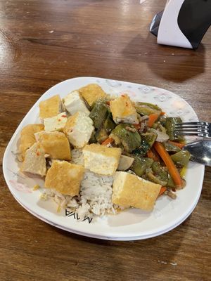 Eggplant with rice and tofu  at Im Jai - Veg Food Stall in Chiang Mai