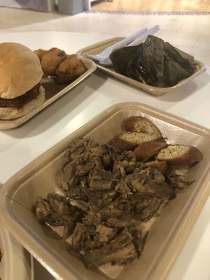 Mushroom and vegan sausage, surprisingly good burger, and pocket of rice and beans and taro. Yummm  at Im Jai - Veg Food Stall in Chiang Mai