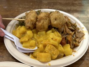 Rice w/ 3 toppings (55 THB), Veggie nugget (20 THB)  at Im Jai - Veg Food Stall in Chiang Mai