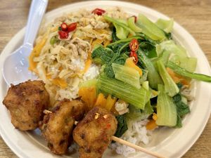 Rice w/ 2 toppings (45 THB), Veggie nugget (20 THB)  at Im Jai - Veg Food Stall in Chiang Mai