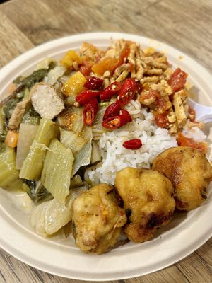 White rice w/ 2 toppings (45 THB), Veggie nugget (20 THB)  at Im Jai - Veg Food Stall in Chiang Mai