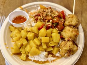 White rice w/ 2 toppings (45 THB), Veggie nugget (20 THB)  at Im Jai - Veg Food Stall in Chiang Mai
