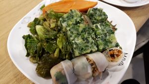 Basil tofu, greens, potato, spring roll and radish cake at Im Jai - Veg Food Stall in Chiang Mai