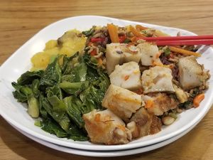 Massaman, greens, soy curls and white radish cake with brown rice. Get the sauce. at Im Jai - Veg Food Stall in Chiang Mai