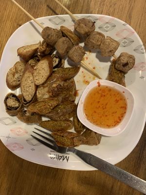 Sausages and Mushroom Ball at Im Jai - Veg Food Stall in Chiang Mai
