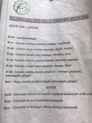 Fruit juice menu  at Cape Fruit in Santa Maria