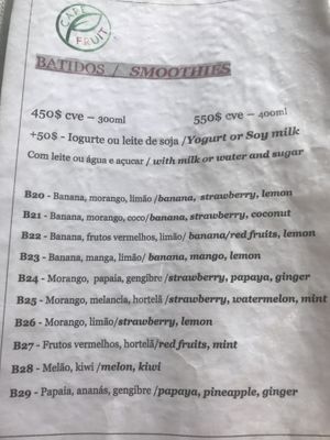 Smoothie menu at Cape Fruit in Santa Maria