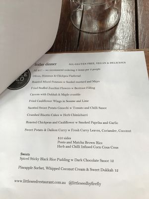 Dinner menu July 2017 at Little Seed by Firefly in Toowoomba