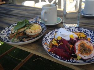Tofu eggs and rhubarb pancakes. at Little Seed by Firefly in Toowoomba