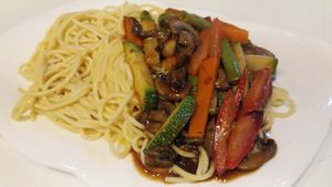 Spaghetti huancaina  at OKEY Al Natural in Lima