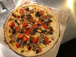 Gluten free, vegan chorizo , and basil free pizza!! at Blaze Pizza - O'Keefe Ave in New Orleans