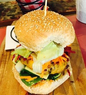 Lentil burger and chips at Dolly's Sister in Geelong