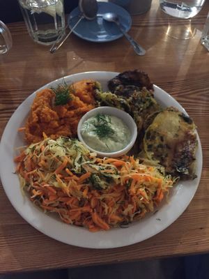 Aubergine Fritters with carrot mash and dill mayo at Korzenie  in Lodz