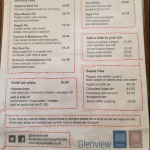 the menu at Skye Pie Cafe in Isle Of Skye