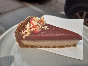 Vegan strawberry cheesecake. at Naspolya Nassolda in Budapest