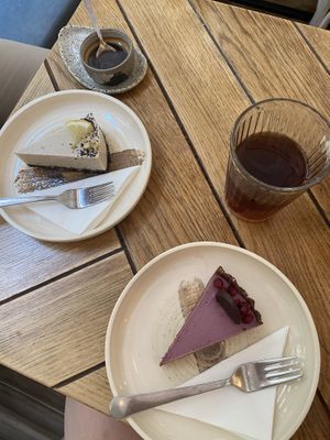 Espresso, cold brew, lemon cake, hibiscus chocolate cake  at Naspolya Nassolda in Budapest