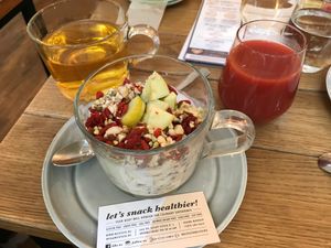 Breakfast- gunpowder tea- strawberry mint juice at Naspolya Nassolda in Budapest