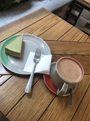 Matcha cake and super cacao  at Naspolya Nassolda in Budapest