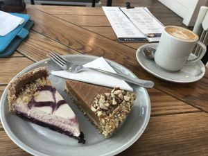 Cheese cake with fermented cashew & apple pie with fig cream at Naspolya Nassolda in Budapest