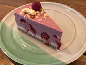 Raspberry “cheesecake”. Looks are deceiving as I’d give it a 3 out of 5 for taste & especially texture as they use agar agar to thicken it which gives it a jelly like texture at Naspolya Nassolda in Budapest