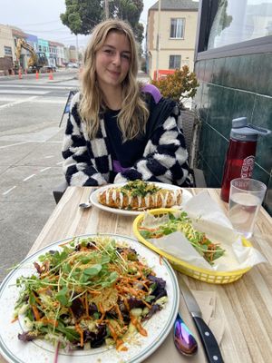 Vegan breakfast burrito, raw salad, raw collard leaf wrap  at Judahlicious in San Francisco