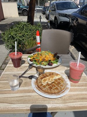 farm juice, walker salad, waffle, sunset smoothie  at Judahlicious in San Francisco