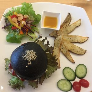 Charcoal burger at LN Fortunate Coffee - Duta North in Kuala Lumpur