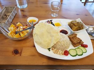 Nasi lemak and fruit salad at LN Fortunate Coffee - Duta North in Kuala Lumpur