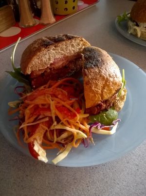 Beet spiced bean burger at Pulp Fiction Future Food and Juice Cafe in Whitley Bay