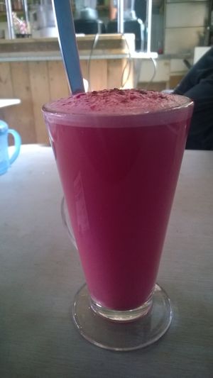 Beetroot latte  at Pulp Fiction Future Food and Juice Cafe in Whitley Bay