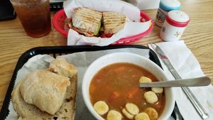 7 bean soup and  a Veganlicious sandwhich! Really, really good! at Crescent Bakery and Cafe in Frankfort
