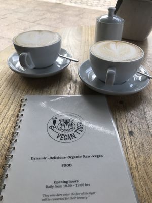 Menu and great oat lattes  at Vegan Tiger in Berlin