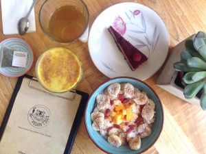 Golden milk cappuccino, porridge, raw raspberry tart, sensha tea at Vegan Tiger in Berlin