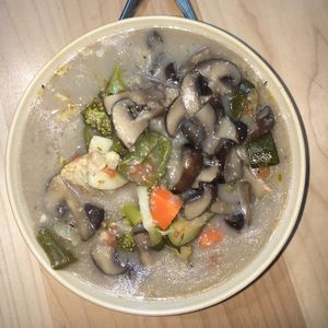 brown rice, veggies + mushroom soup at Nut Tree Cafe in North Vancouver