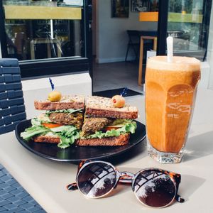 Sandwich and smoothie! It was so filling! at Nut Tree Cafe in North Vancouver