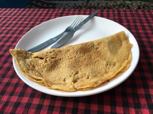 Vegan Omelet made of chickpea flour at Blue Caterpillar Vegan Cafe  in Dharamkot