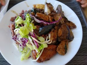Egg plant and tofu over brown rice at Tofoo Com Chay in San Jose